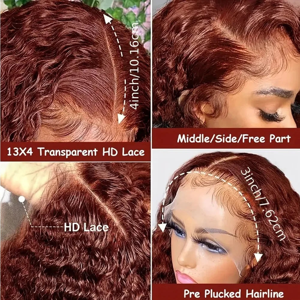 Reddish Brown Water Wave HD Lace Front Wig Human Hair