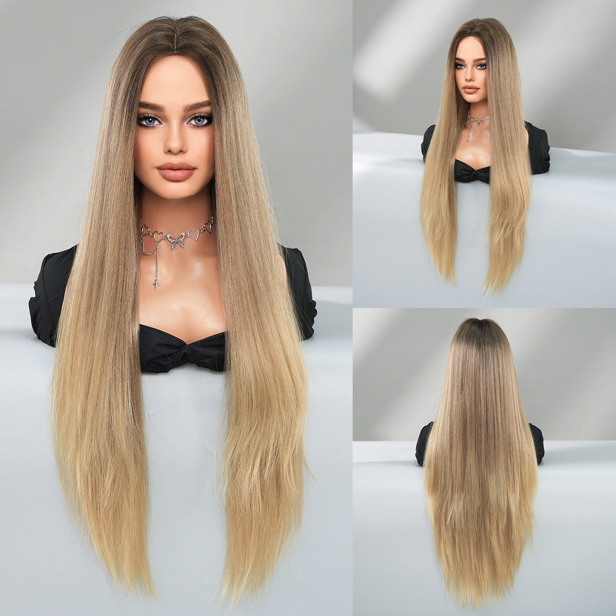 Super Long Medium Straight Hair Full-head Wig Natural Gold Gradient Chemical Fiber Wig