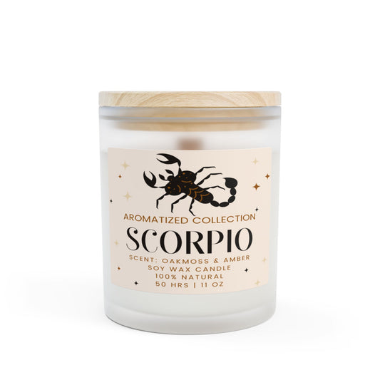 Scorpio Oakmoss & Amber Scented Candle, 11oz Frosted Glass || Zodiac Decor, Relaxation Gift, Home Fragrance, Astrology Gift, Self-Care Candle