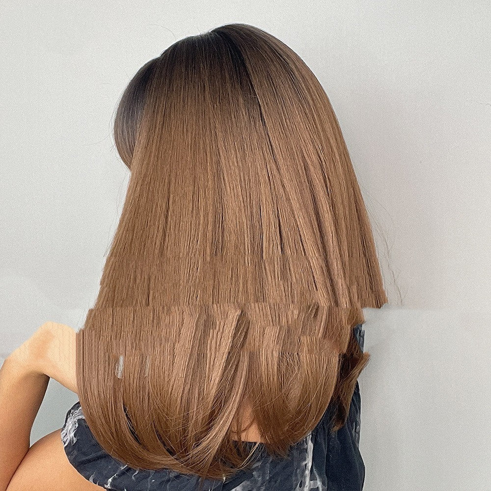 18inch Full Bangs With Black Gradient Brown Long Straight Hair On Top
