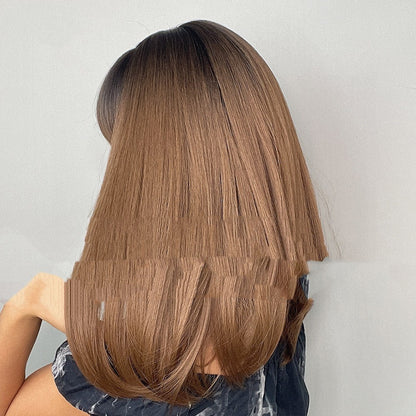 18inch Full Bangs With Black Gradient Brown Long Straight Hair On Top