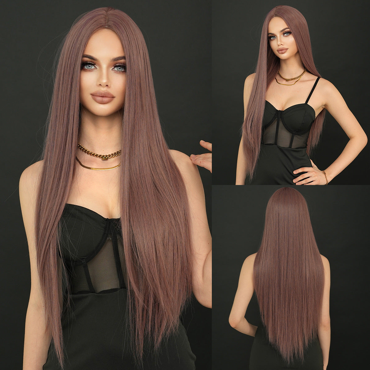 Super Long Medium Straight Hair Full-head Wig Natural Gold Gradient Chemical Fiber Wig