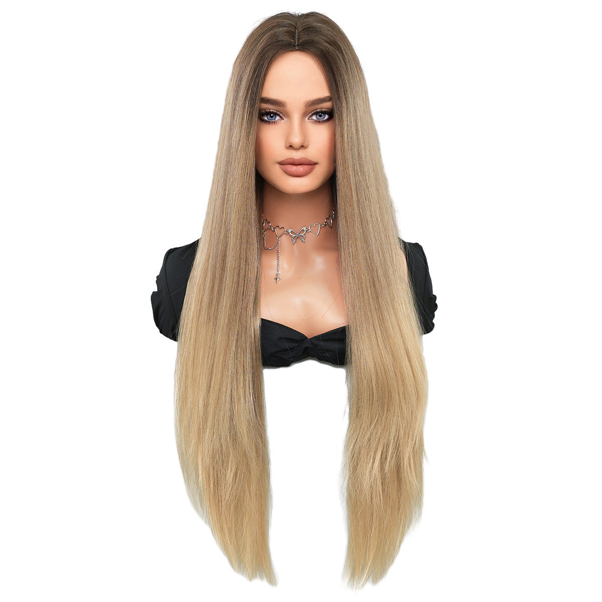 Super Long Medium Straight Hair Full-head Wig Natural Gold Gradient Chemical Fiber Wig