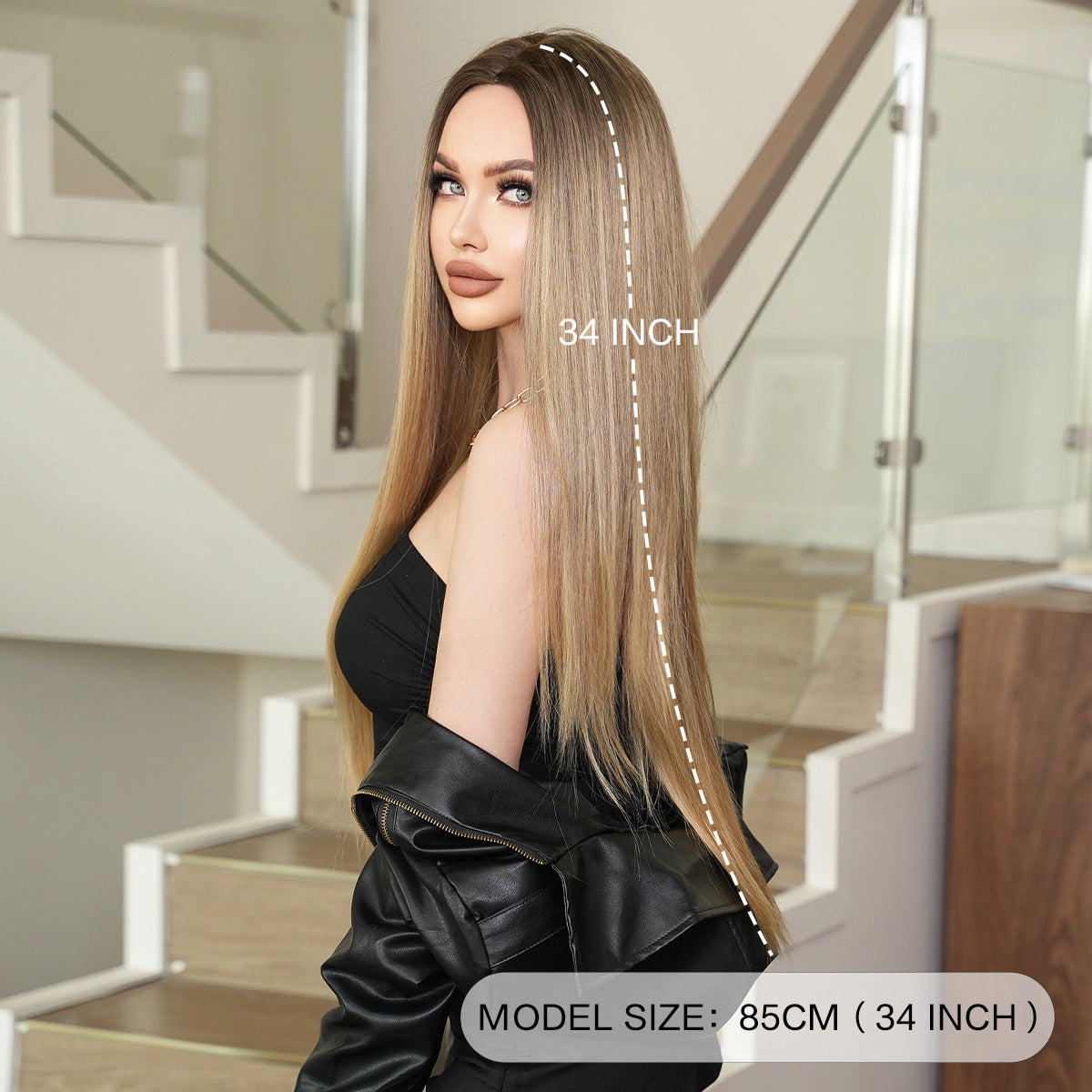 Super Long Medium Straight Hair Full-head Wig Natural Gold Gradient Chemical Fiber Wig