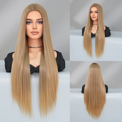 Super Long Medium Straight Hair Full-head Wig Natural Gold Gradient Chemical Fiber Wig