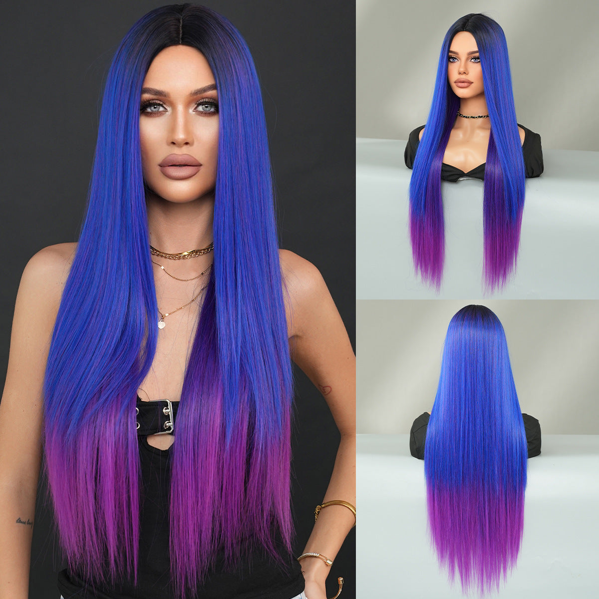 Super Long Medium Straight Hair Full-head Wig Natural Gold Gradient Chemical Fiber Wig