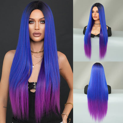 Super Long Medium Straight Hair Full-head Wig Natural Gold Gradient Chemical Fiber Wig